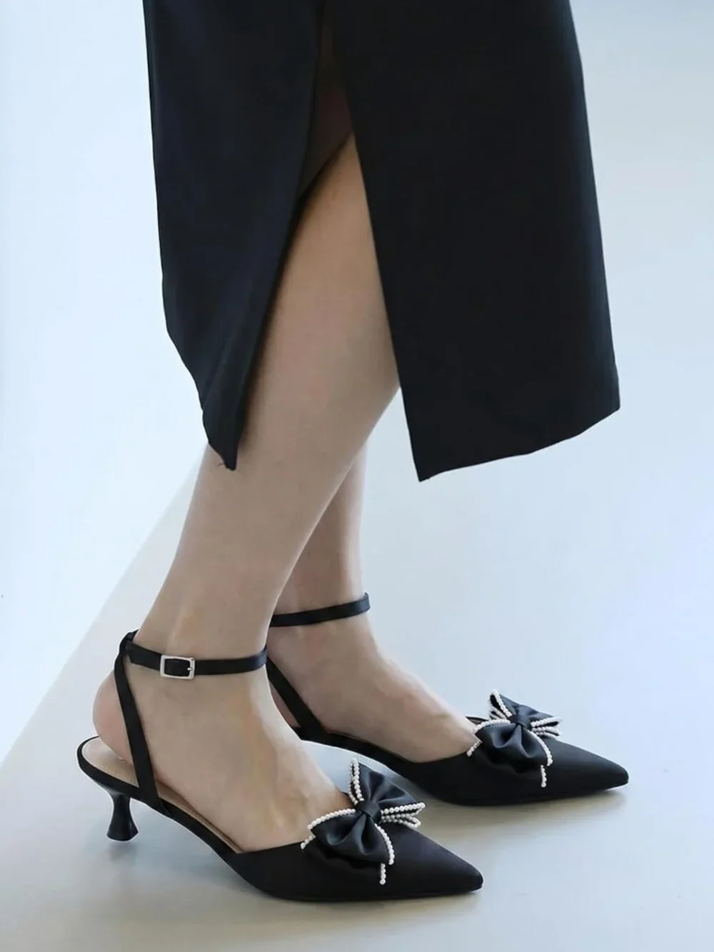 Women's Black Satin Kitten Low Heels Bow Pearl Closed Pointed Toe Ankle Strap